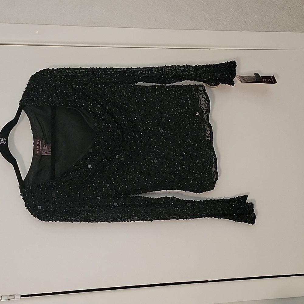 Black mesh and sequin drape neck fancy top
